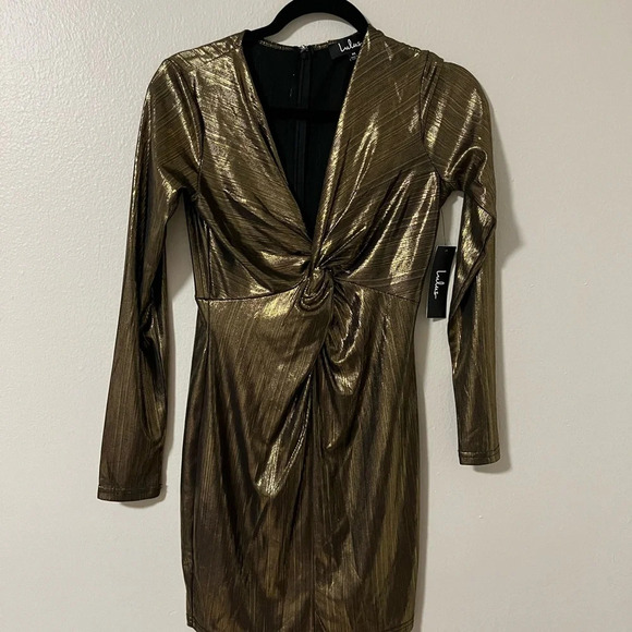 NWT Lulus Night Shine Gold Long Sleeve Knotted Bodycon Dress size Medium - Picture 2 of 7